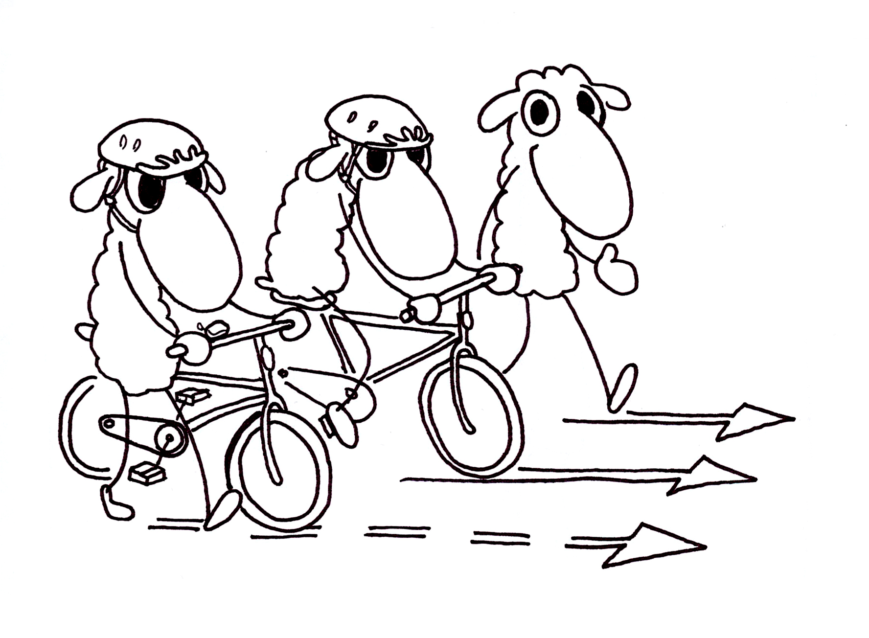 Jalankulkija, pyöräilijä ja pyörää taluttava lammas kulkemassa eteenpäin. Pyöräilevällä lampaalla ja pyörää taluttavalla lampaalla on kypärät päässä.