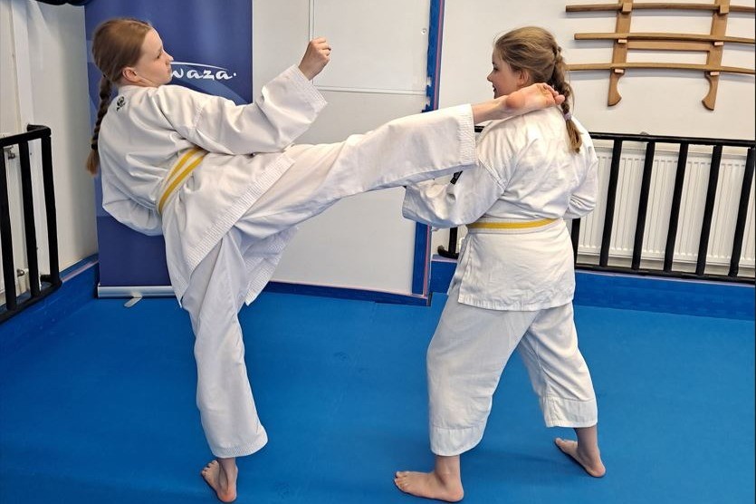 Nuori potkaisee toista nuorta karatepotkulla