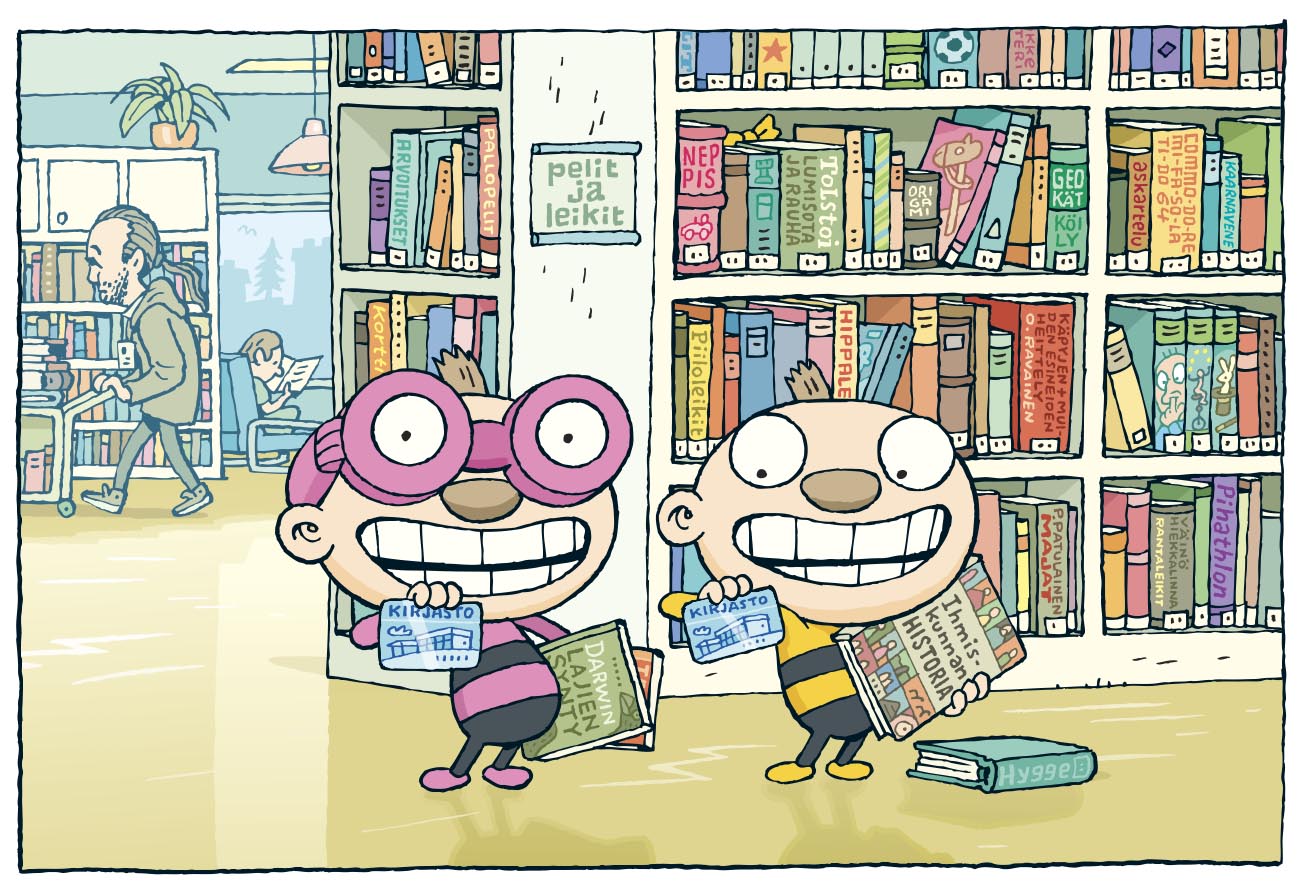 Hahmot Tatu ja Patu esittelevät kirjastokorttejaan kirjastossa