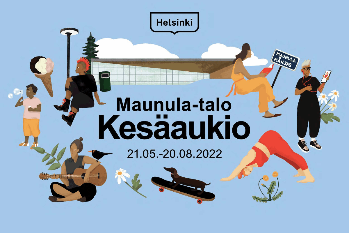 Teksti: Maunula-talon Kesäaukio 21.05.–20.08.2022. Animoidussa kuvassa muun muassa joogaaja, kitaransoittaja, jäätelö, Maunula-talo, ihmisiä