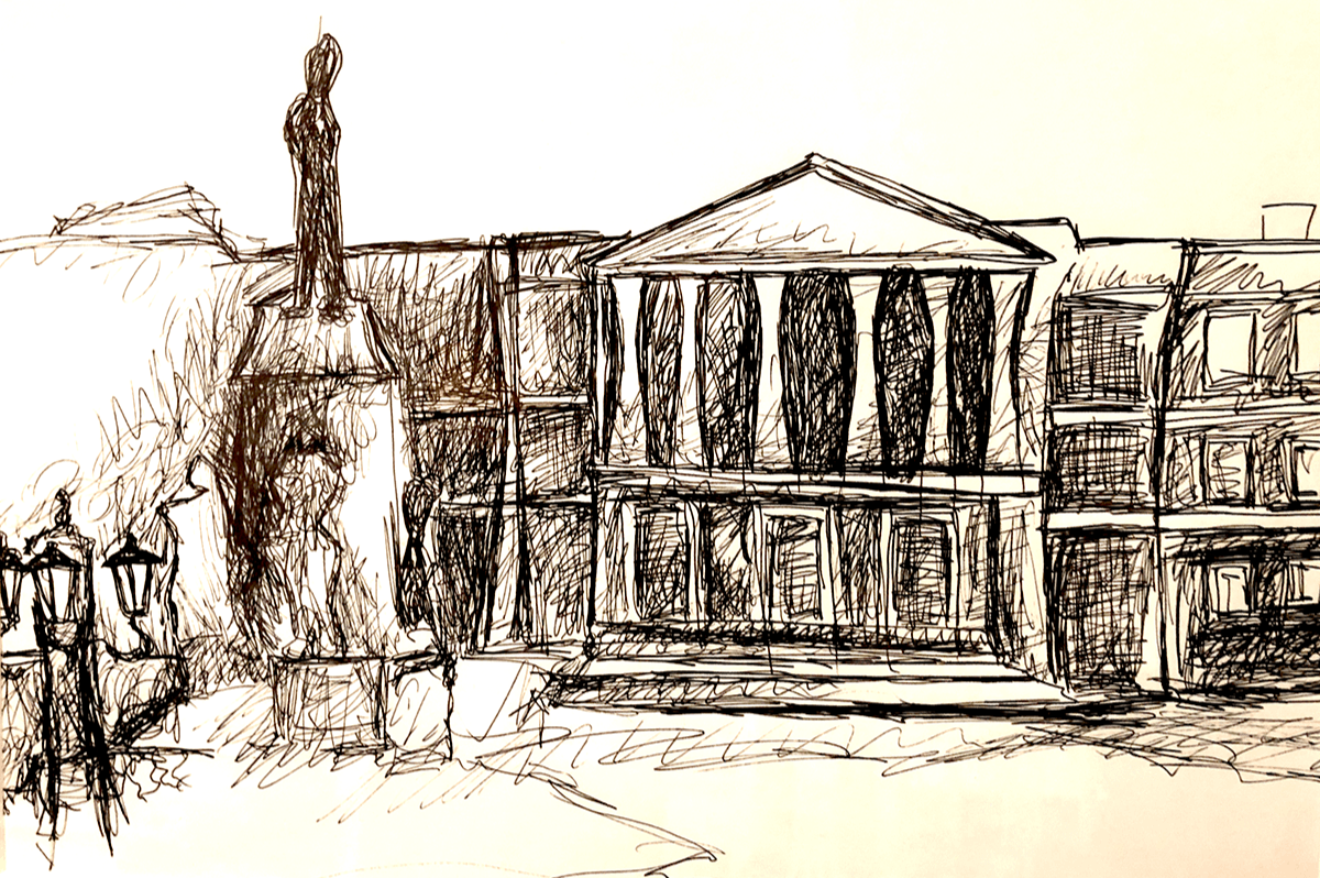 Piirretty mustavalkoinen kuva, jossa patsas ja rakennus.