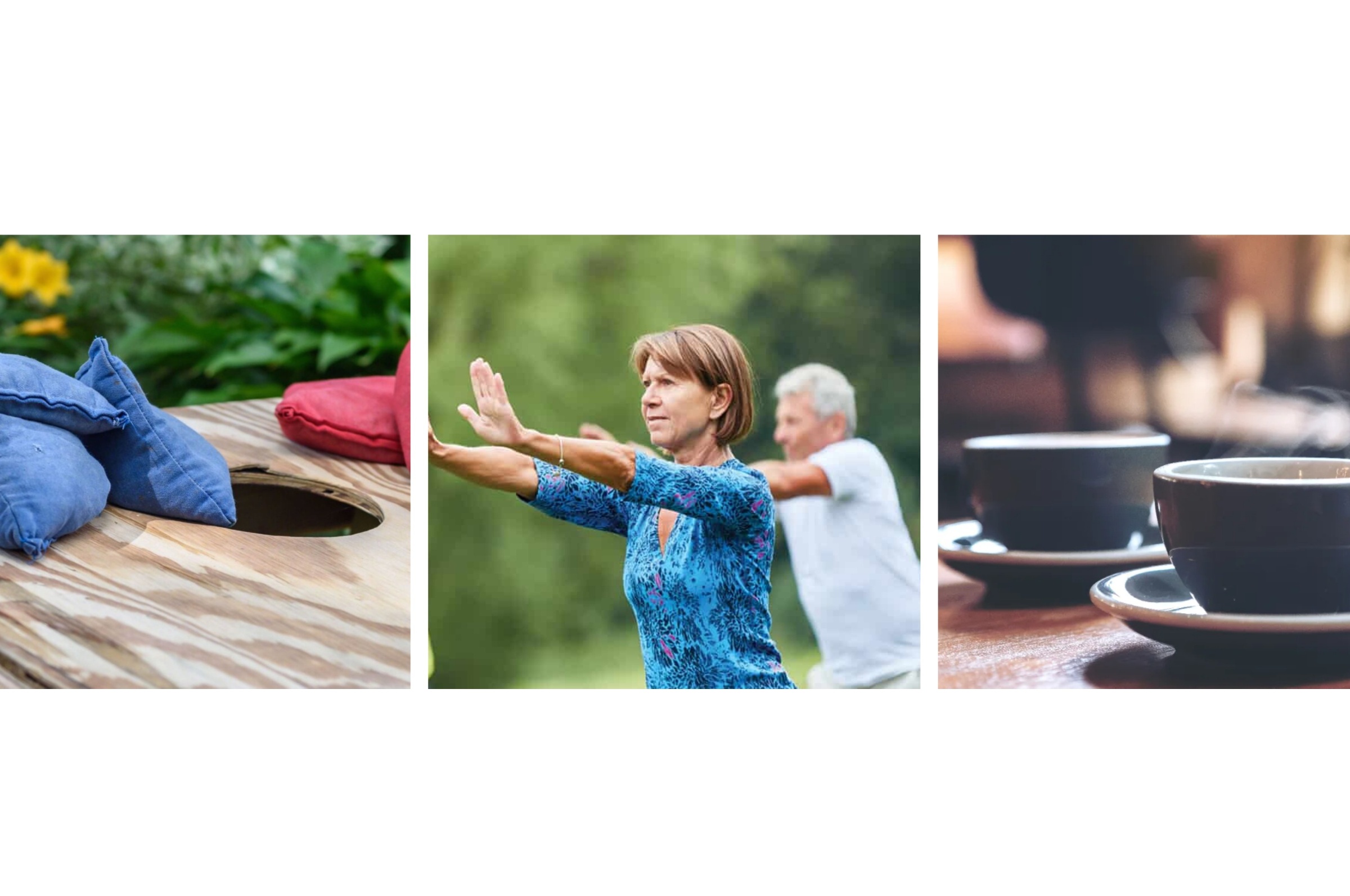 Kolme kuvaa: vasemmalla tyynyjä penkin päällä, keskellä ihmisiä harjoittamassa qigong-terveysliikuntaa, ja oikealla kaksi höyryävää kahvikuppia.