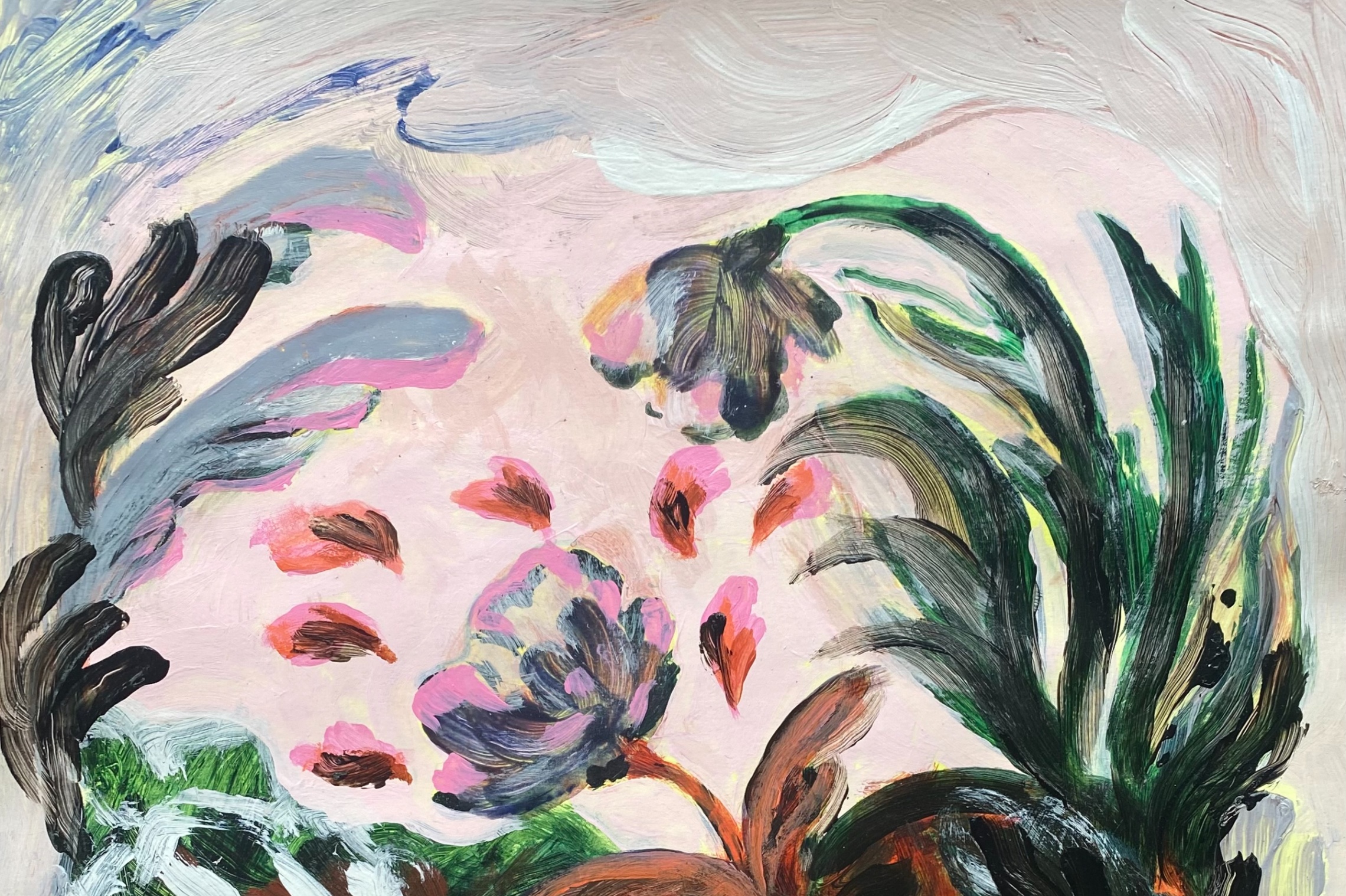 Anette Avelen maalauksessa näkyy siveltimellä tehdyt kukat ja taivas.