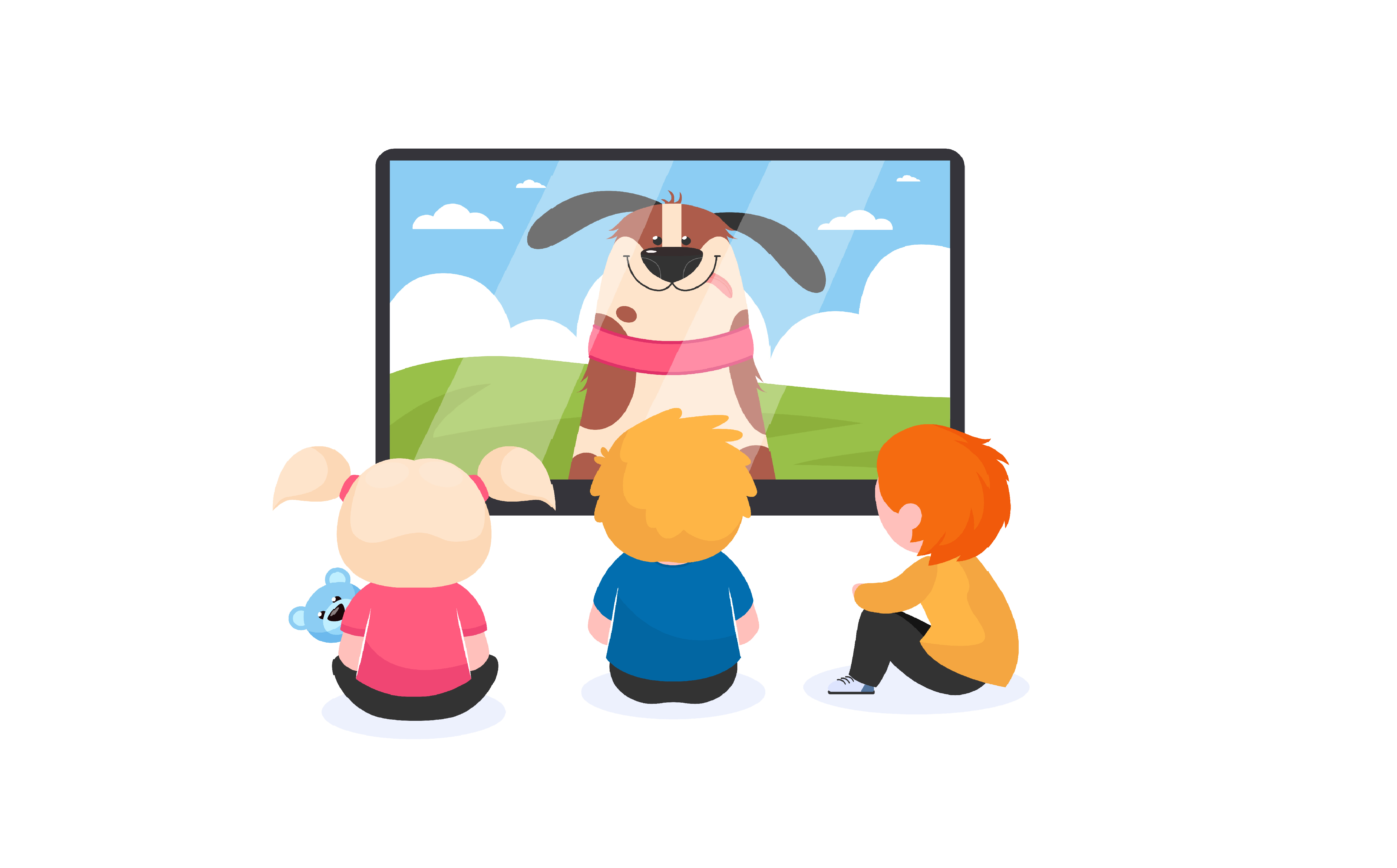 Lapset katsovat televisiota. Piirretty kuva.